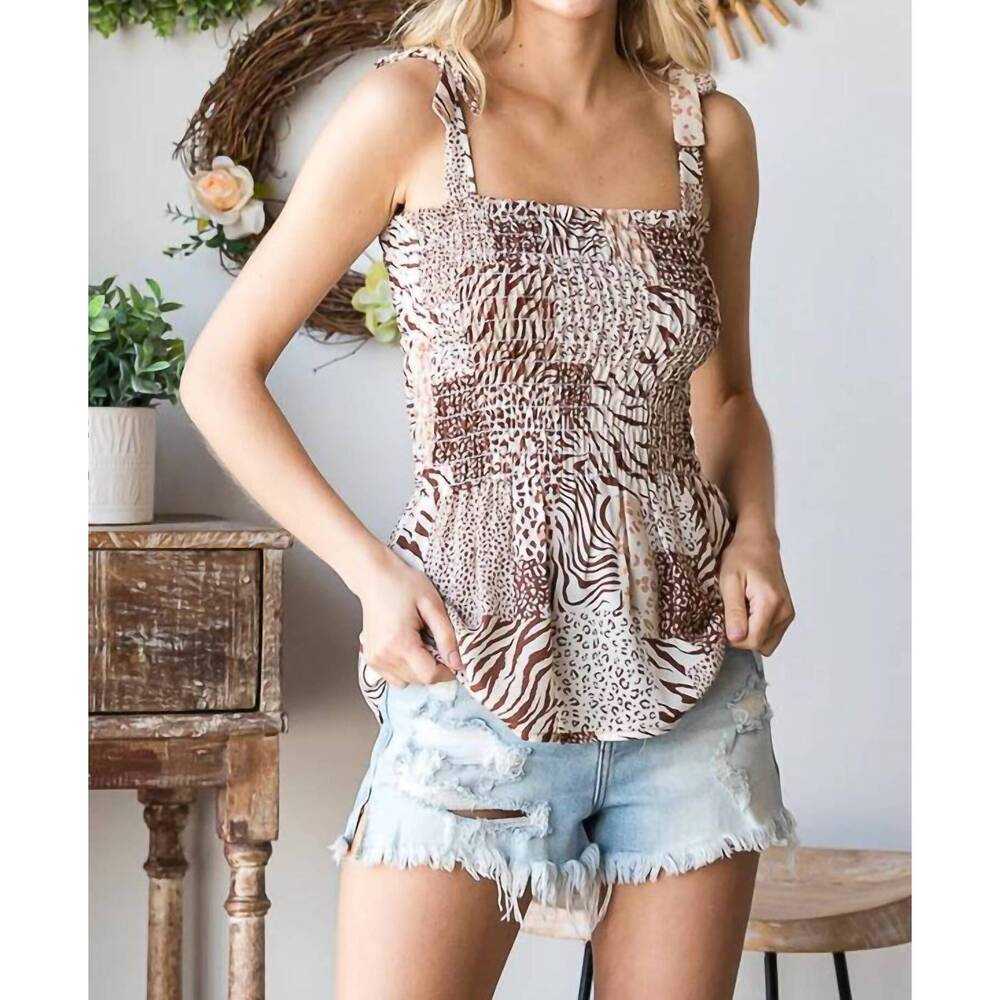 NEW 7TH RAY smocked tie-shoulder tank top in brown
